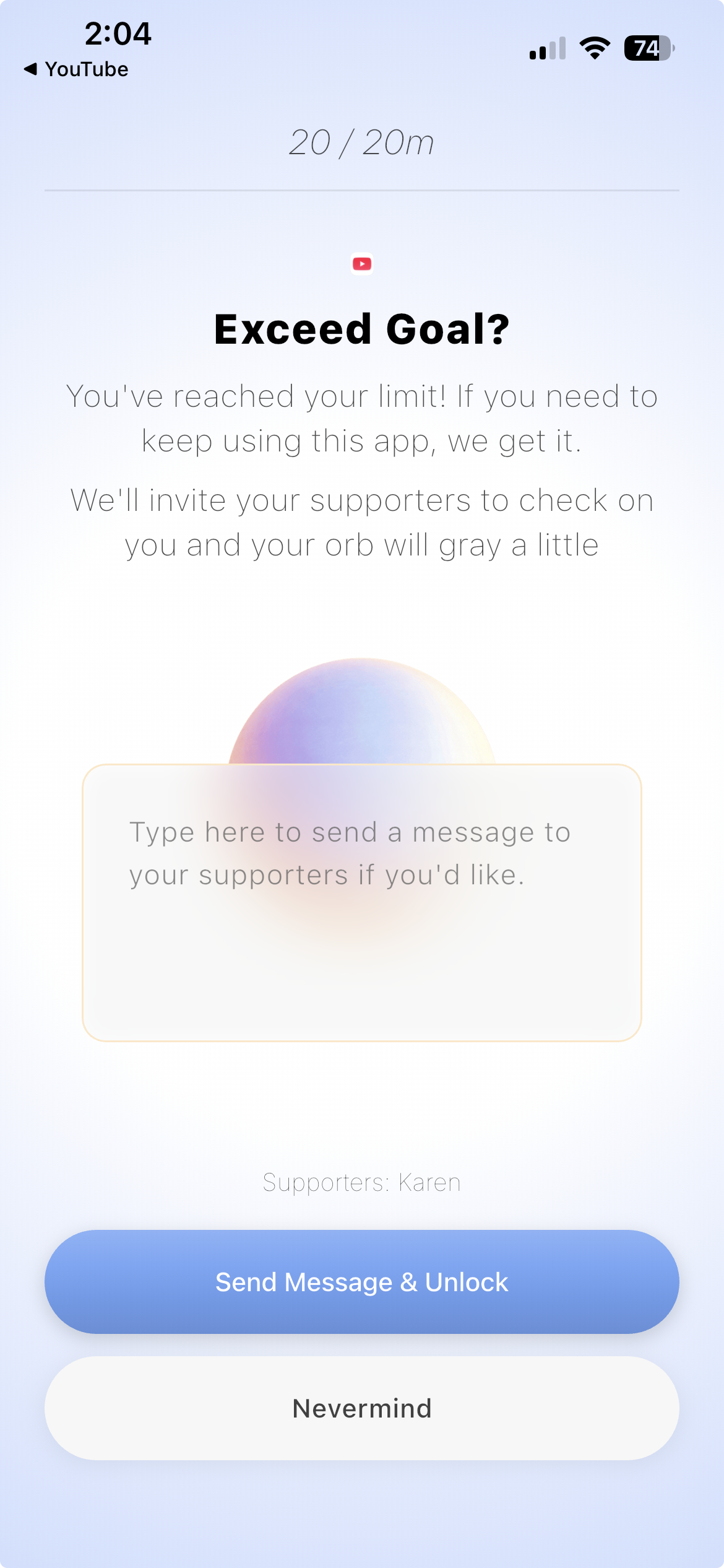 Soberphone exceed-goal prompt with supporter message